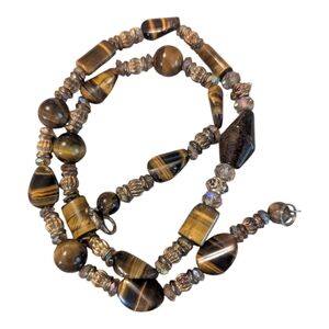 Vintage Tiger Eye, Brass & Faucet Crystal Beaded Necklace 22"